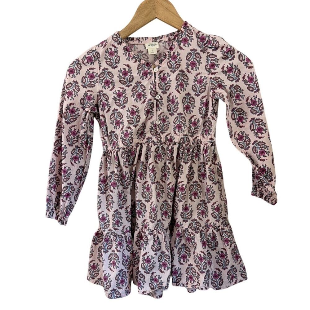 J.Crew Factory Girls Block Print Long Sleeve Dress Pink Floral Rose Water Size 8